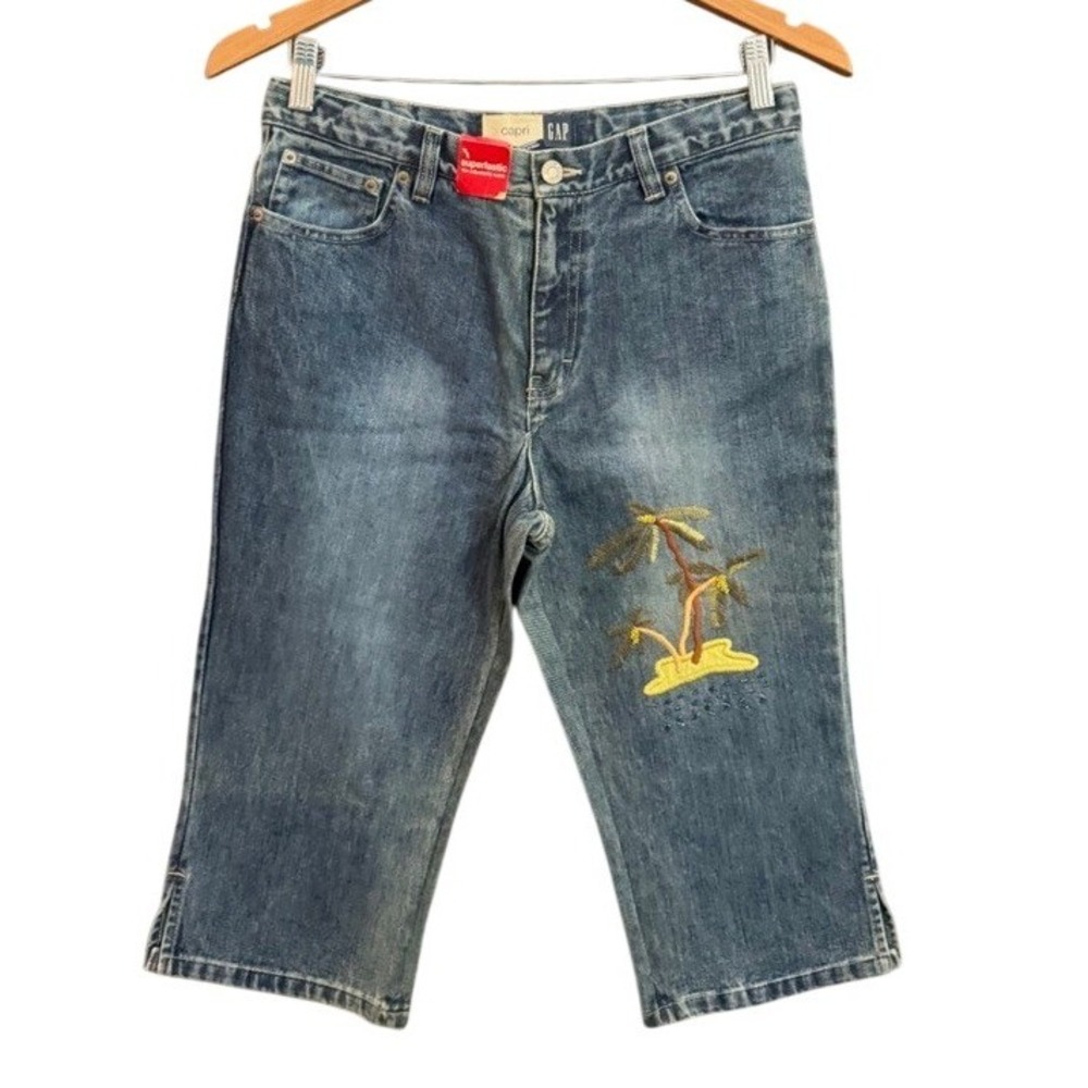 NWT GAP Kids Capri Jeans Girls Size 14 Plus Embroidered Palm Trees Adjustable